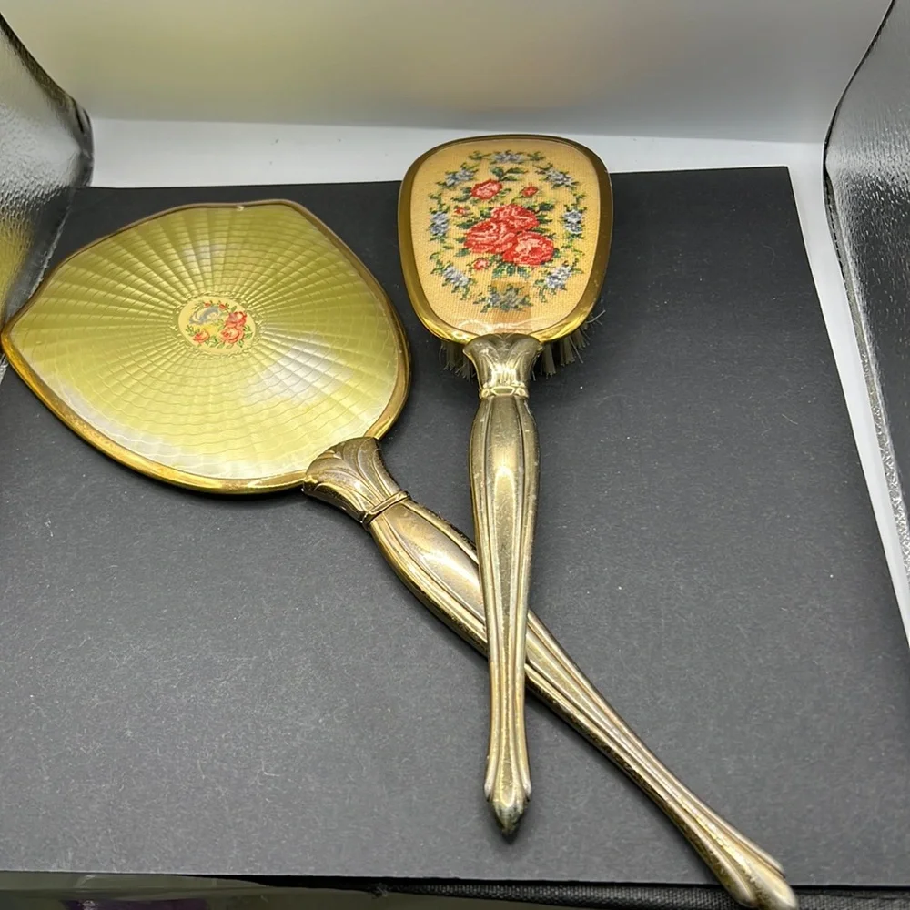 Vintage flower vanity mirror and brush